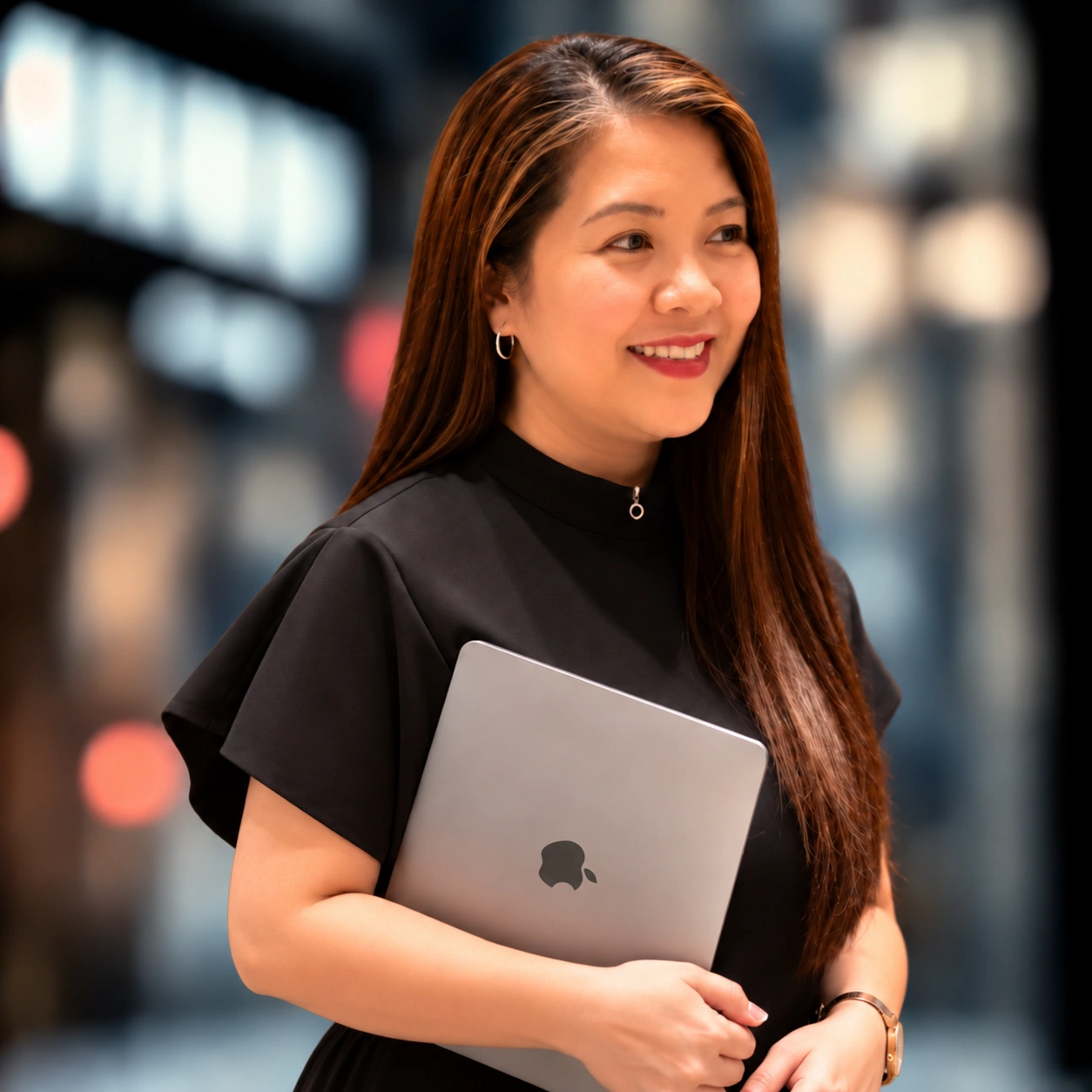 Rhoda Santos smiling to the right while holding a laptop